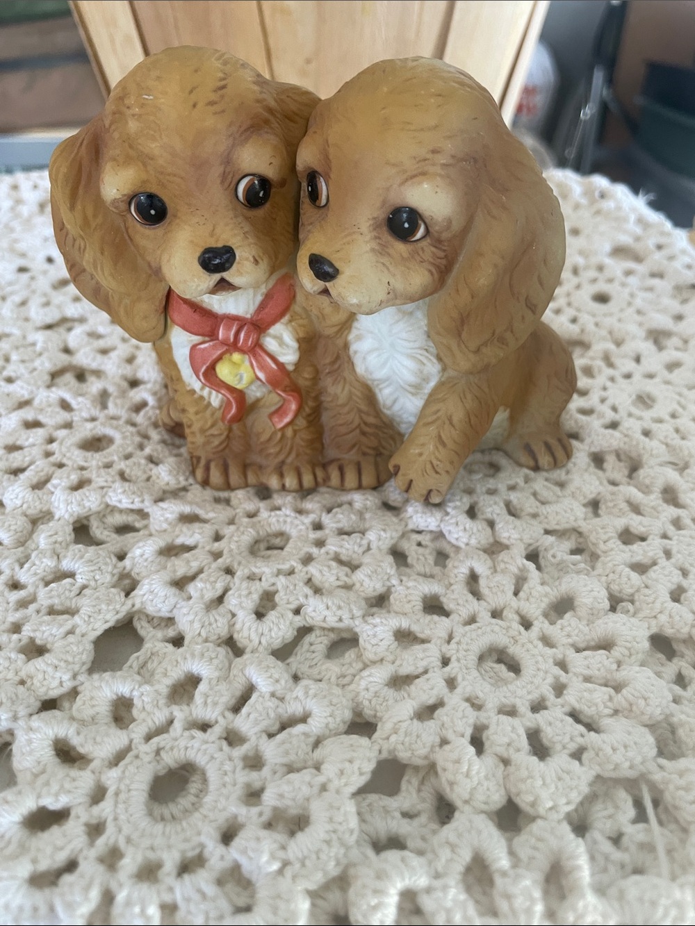 Homco Brown and White Ceramic Puppy Pair with Red Bow